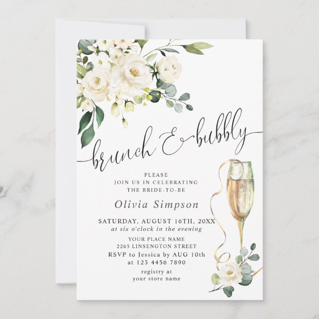 Elegant Eucalyptus White Roses Brunch & Bubbly Invitation (Front)