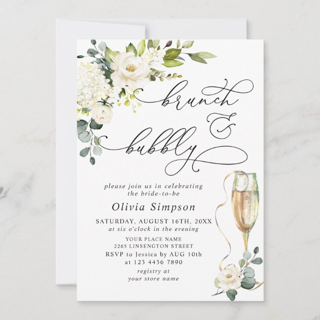 Elegant Eucalyptus White Roses Brunch & Bubbly Invitation (Front)