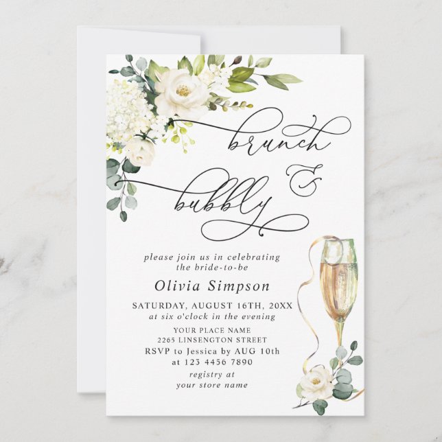 Elegant Eucalyptus White Roses Brunch & Bubbly Invitation (Front)
