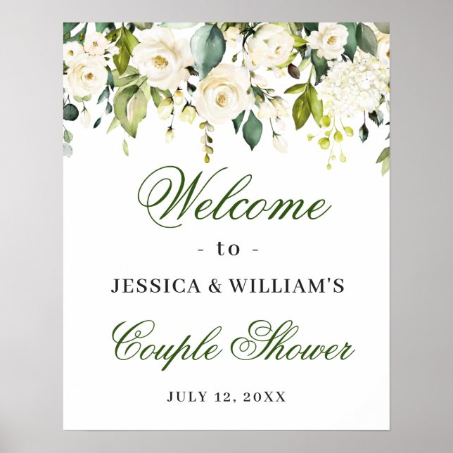 Elegant Eucalyptus White Roses Couples Shower Poster (Front)