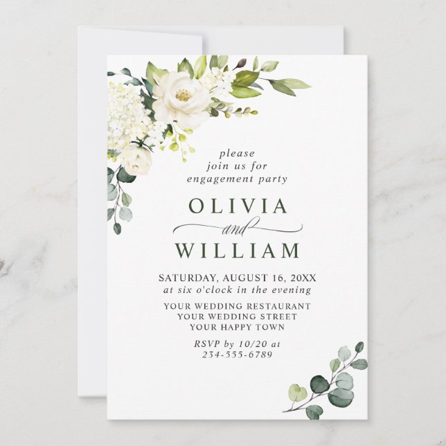 Elegant Eucalyptus White Roses ENGAGEMENT PARTY Invitation (Front)