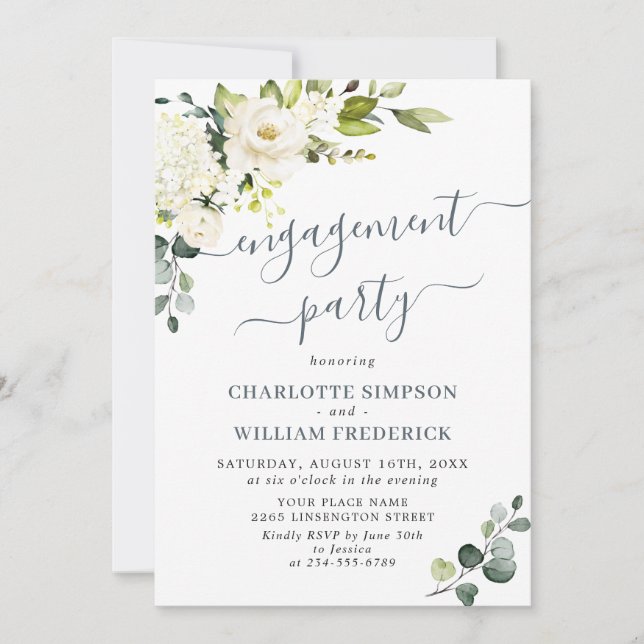 Elegant Eucalyptus White Roses ENGAGEMENT PARTY Invitation (Front)