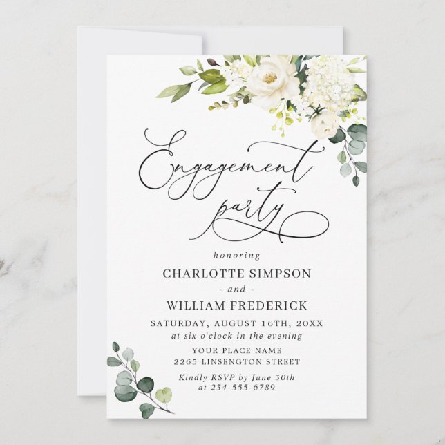 Elegant Eucalyptus White Roses ENGAGEMENT PARTY Invitation (Front)
