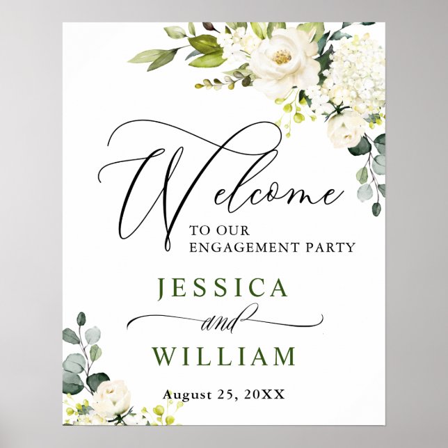 Elegant Eucalyptus White Roses Engagement Party Poster (Front)