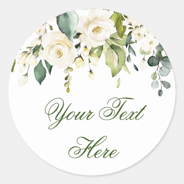 Elegant Eucalyptus White Roses Floral Custom Classic Round Sticker (Front)