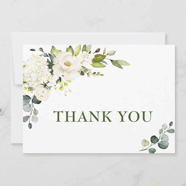 Elegant Eucalyptus White Roses Floral Thank You Card (Front)