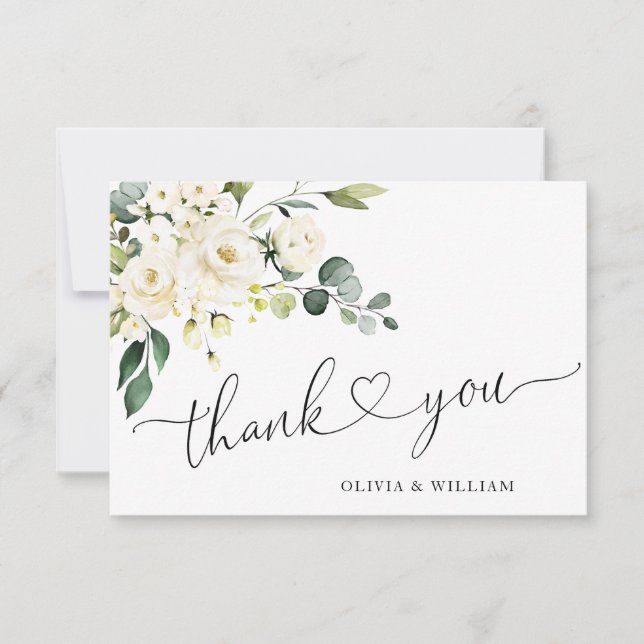Elegant Eucalyptus White Roses Floral Thank You Card (Front)