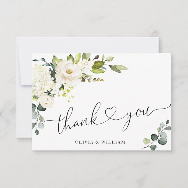 Elegant Eucalyptus White Roses Floral Thank You Card (Front)