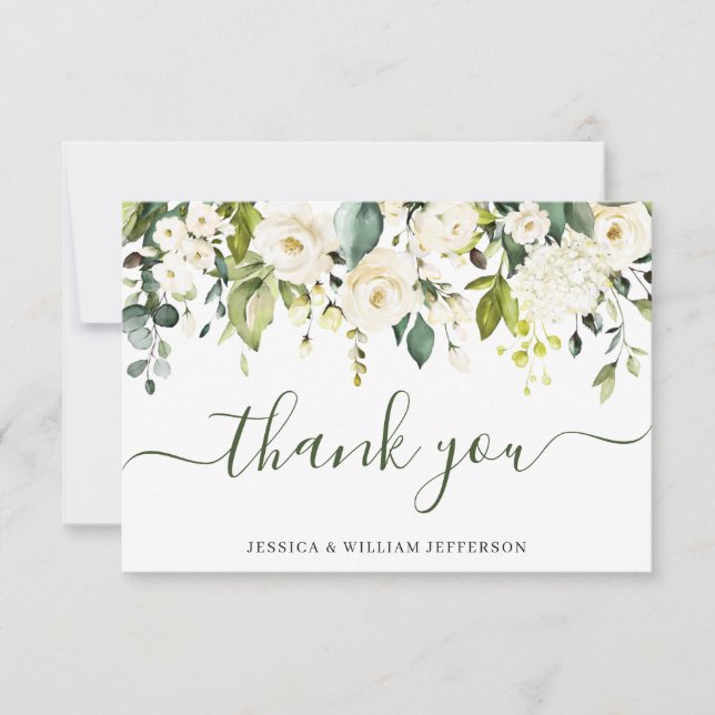 Elegant Eucalyptus White Roses Floral Thank You Card (Front)
