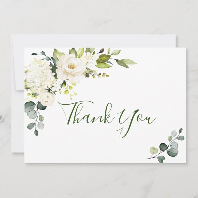Elegant Eucalyptus White Roses Floral Thank You Card (Front)