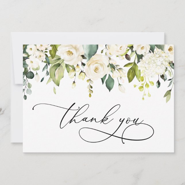 Elegant Eucalyptus White Roses Floral Thank You Card (Front)