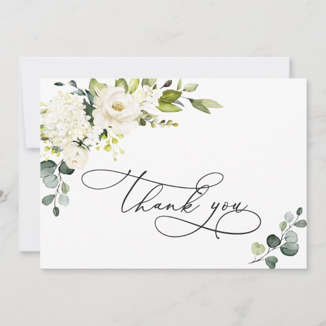 Elegant Eucalyptus White Roses Floral Thank You Card (Front)