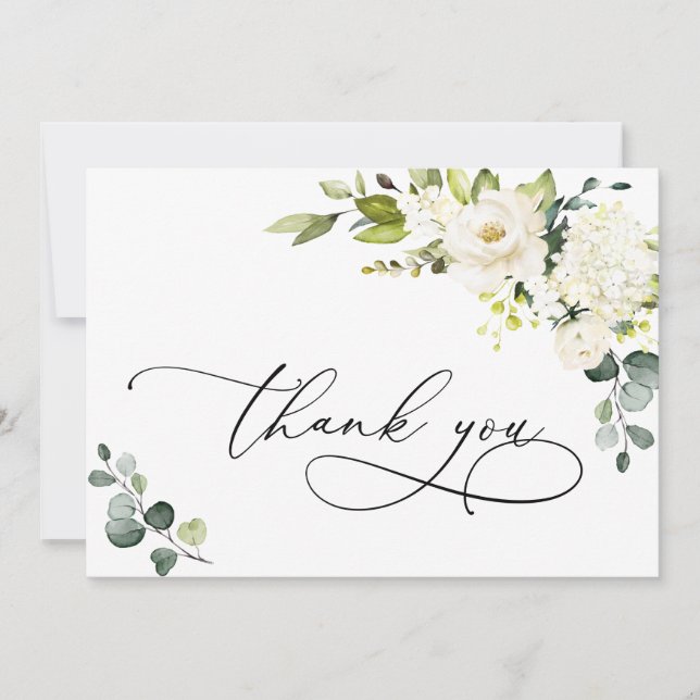Elegant Eucalyptus White Roses Floral Thank You Card (Front)
