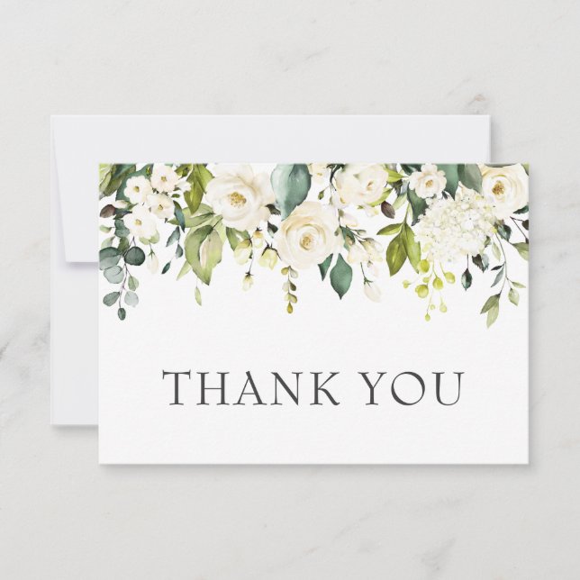 Elegant Eucalyptus White Roses Floral Thank You Card (Front)