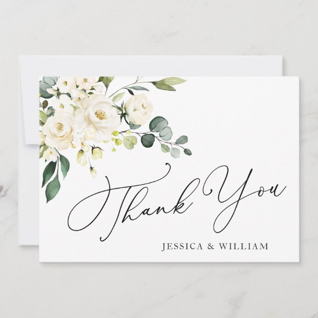 Elegant Eucalyptus White Roses Floral Thank You Card (Front)