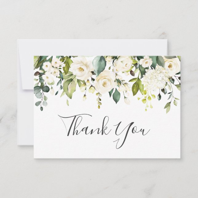 Elegant Eucalyptus White Roses Floral Thank You Card (Front)