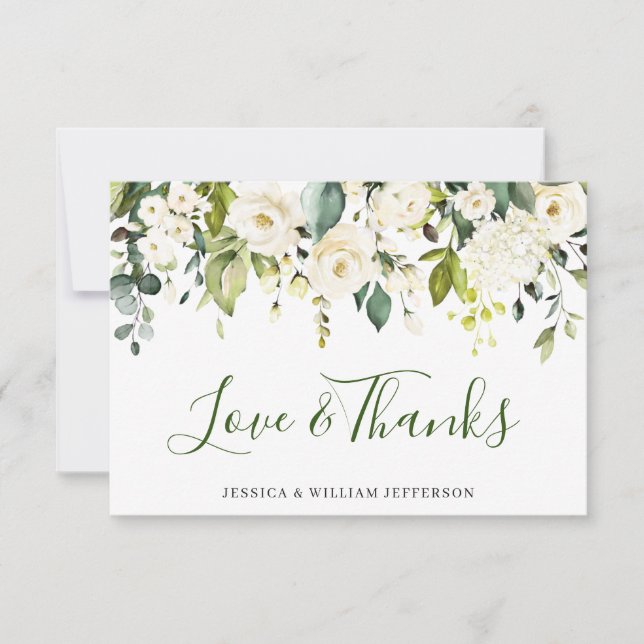 Elegant Eucalyptus White Roses Floral Thank You Card (Front)