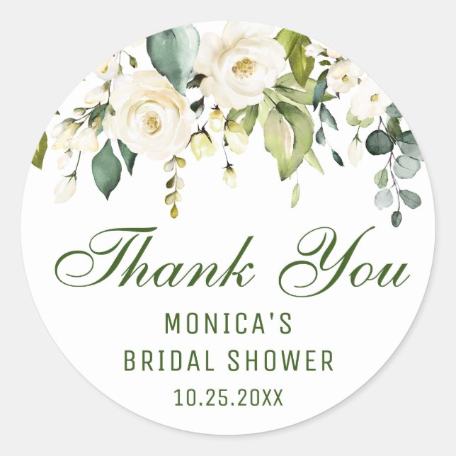 Elegant Eucalyptus White Roses Floral Thank You Classic Round Sticker (Front)
