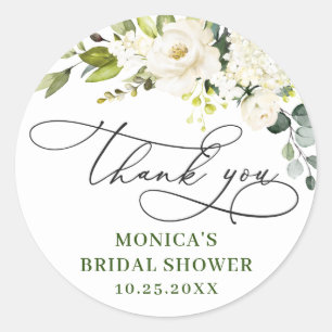 Elegant Eucalyptus White Roses Floral Thank You Classic Round Sticker