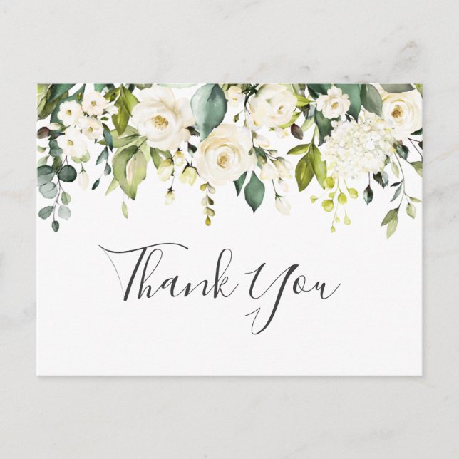 Elegant Eucalyptus White Roses Floral Thank You Postcard (Front)
