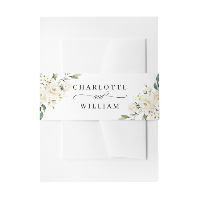 Elegant Eucalyptus White Roses Floral Wedding Invitation Belly Band (Front Example)
