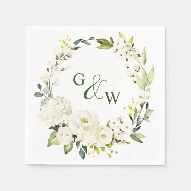 Elegant Eucalyptus White Roses Floral Wedding Napkin (Front)