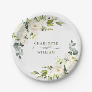 Elegant Eucalyptus White Roses Floral Wedding Paper Plate