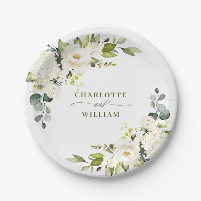 Elegant Eucalyptus White Roses Floral Wedding Paper Plate (Front)