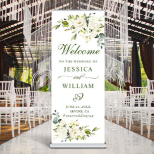 Elegant Eucalyptus White Roses Floral Wedding Retractable Banner