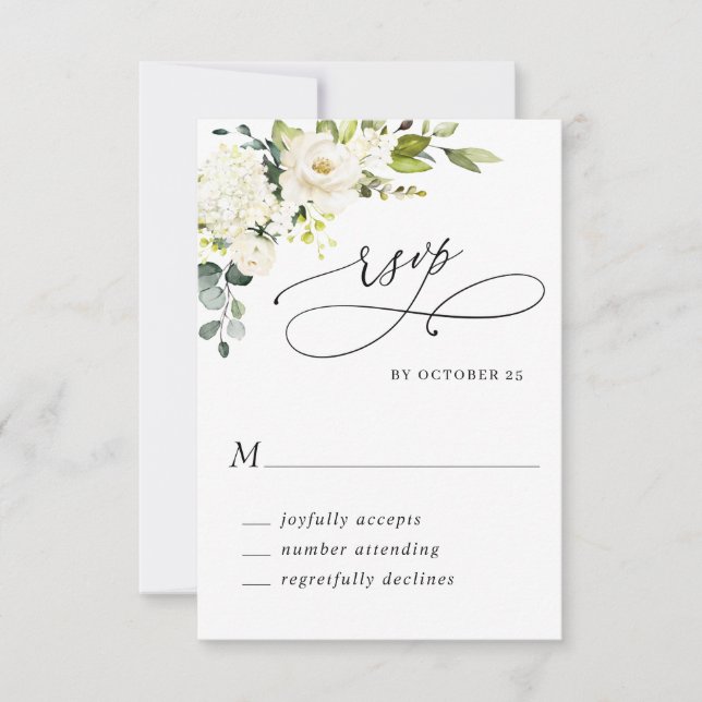 Elegant Eucalyptus White Roses Floral Wedding RSVP Card (Front)