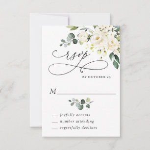 Elegant Eucalyptus White Roses Floral Wedding RSVP Card