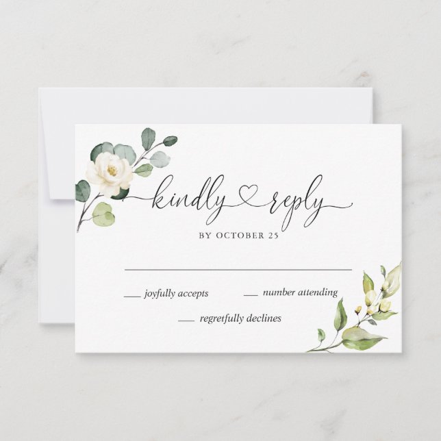 Elegant Eucalyptus White Roses Floral Wedding RSVP Card (Front)