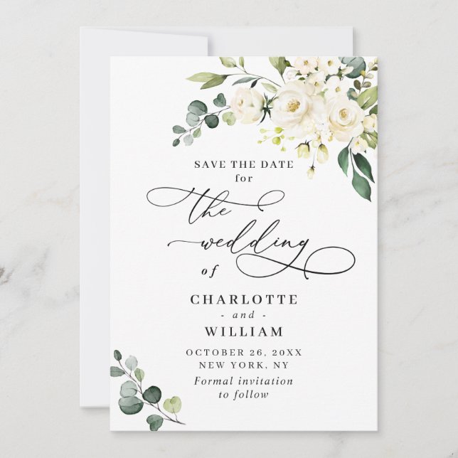 Elegant Eucalyptus White Roses Floral Wedding Save The Date (Front)