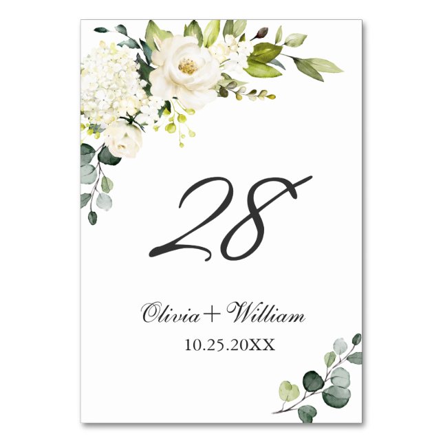 Elegant Eucalyptus White Roses Floral Wedding Tabl Table Number (Front)