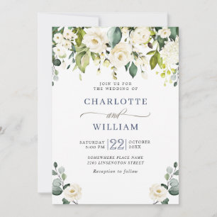 Elegant Eucalyptus White Roses Greenery Wedding Invitation
