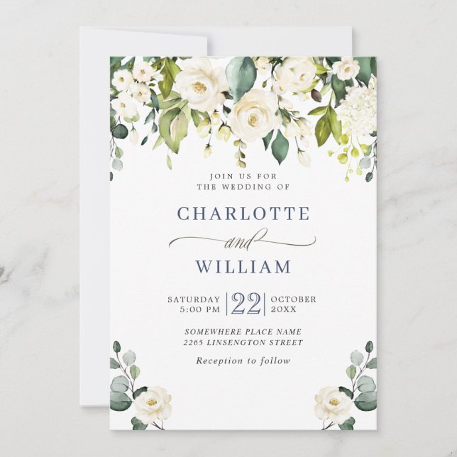 Elegant Eucalyptus White Roses Greenery Wedding Invitation (Front)