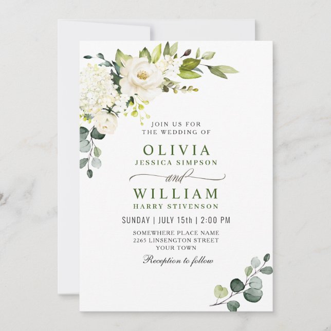 Elegant Eucalyptus White Roses Greenery Wedding Invitation (Front)