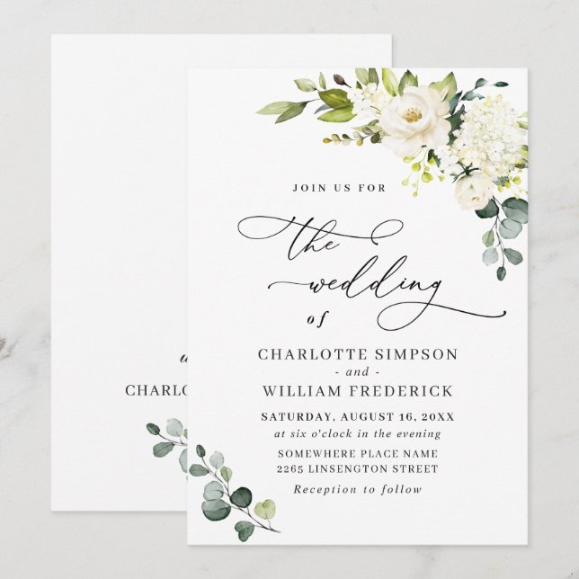 Elegant Eucalyptus White Roses Greenery Wedding Invitation (Front/Back)
