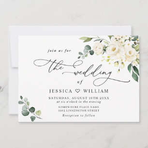 Elegant Eucalyptus White Roses Greenery Wedding Invitation