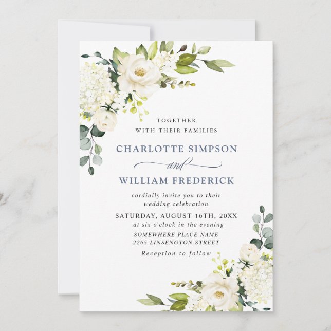 Elegant Eucalyptus White Roses Greenery Wedding Invitation (Front)
