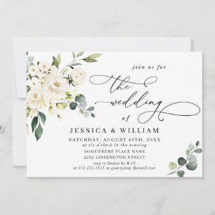 Elegant Eucalyptus White Roses Greenery Wedding Invitation