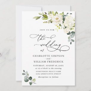 Elegant Eucalyptus White Roses Greenery Wedding Invitation