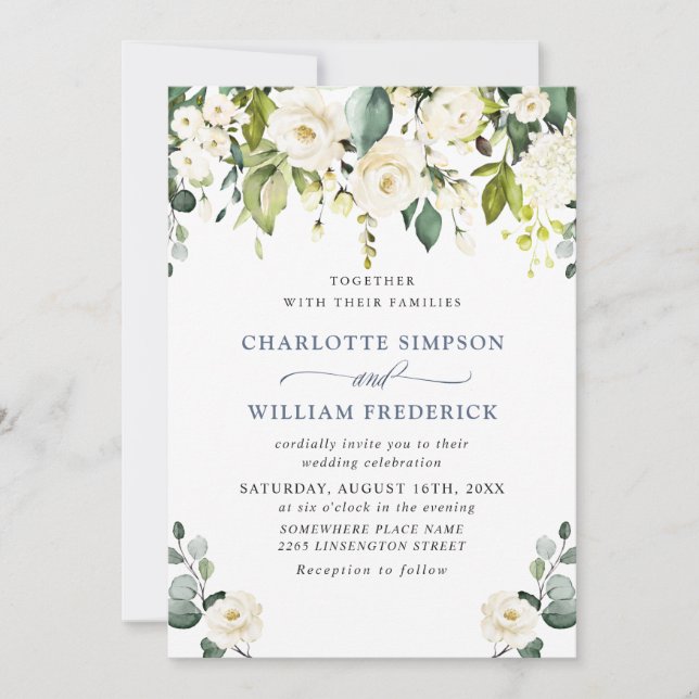 Elegant Eucalyptus White Roses Greenery Wedding Invitation (Front)