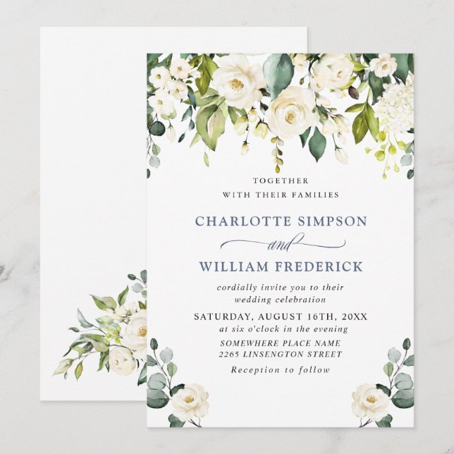 Elegant Eucalyptus White Roses Greenery Wedding Invitation (Front/Back)