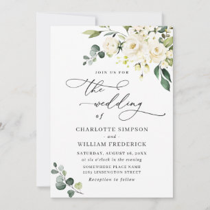Elegant Eucalyptus White Roses Greenery Wedding Invitation
