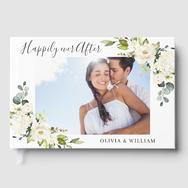 Elegant Eucalyptus White Roses PHOTO Wedding Guest Book (Front)