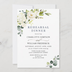 Elegant Eucalyptus White Roses REHEARSAL DINNER Invitation