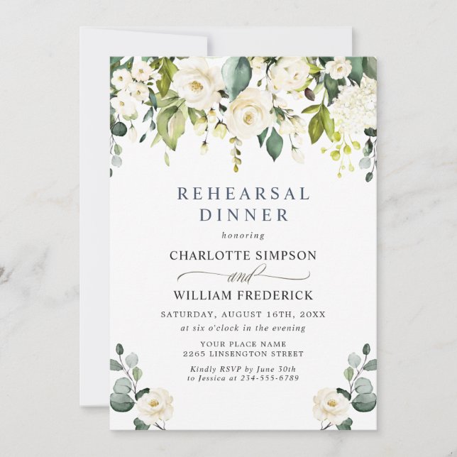 Elegant Eucalyptus White Roses REHEARSAL DINNER Invitation (Front)