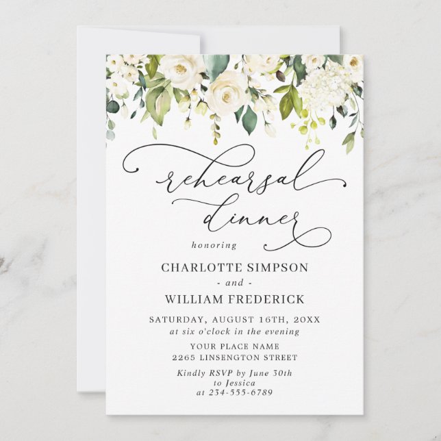 Elegant Eucalyptus White Roses REHEARSAL DINNER Invitation (Front)