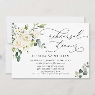 Elegant Eucalyptus White Roses REHEARSAL DINNER Invitation